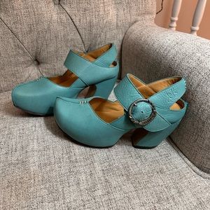 John Fluevog Teal Turquoise High Heel Mary Jane Platforms